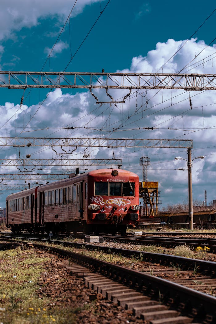 pexels-photo-27617426 A vintage red train moving along railway tracks under a clear blue sky.